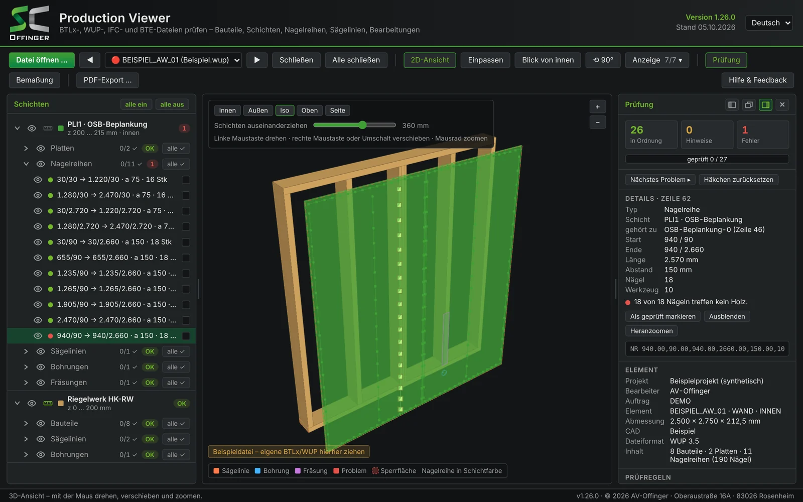 3D-Ansicht der Wand mit auseinandergezogenen Schichten