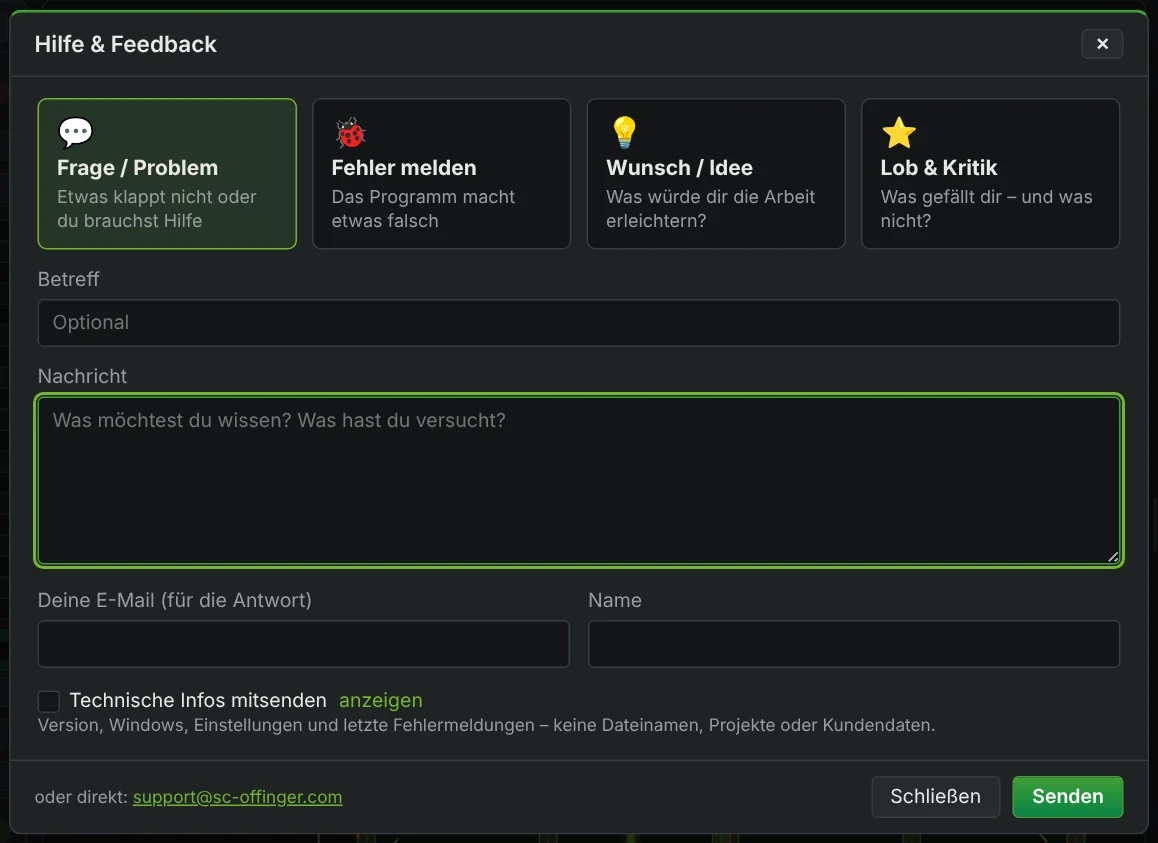Dialog Hilfe und Feedback