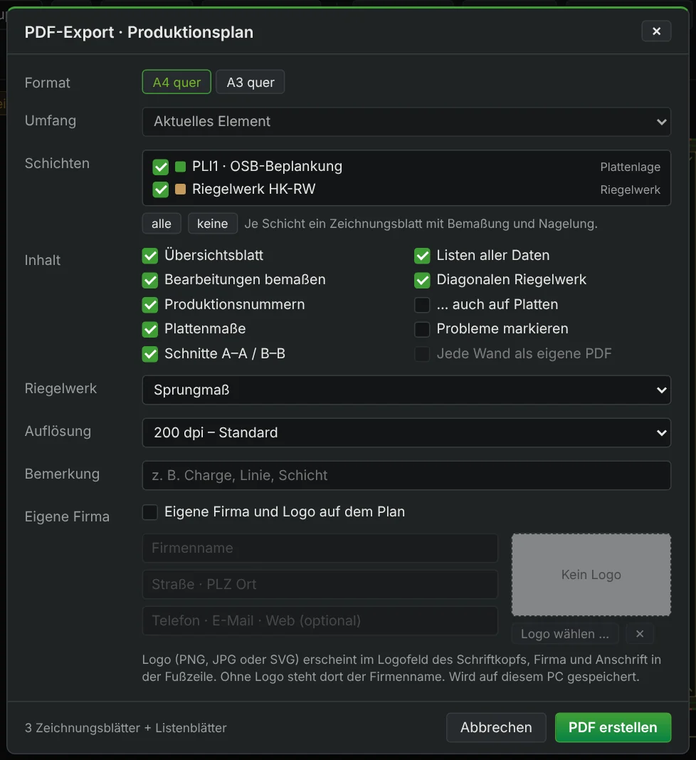 PDF-Export-Dialog mit Format, Schichten und Inhalt